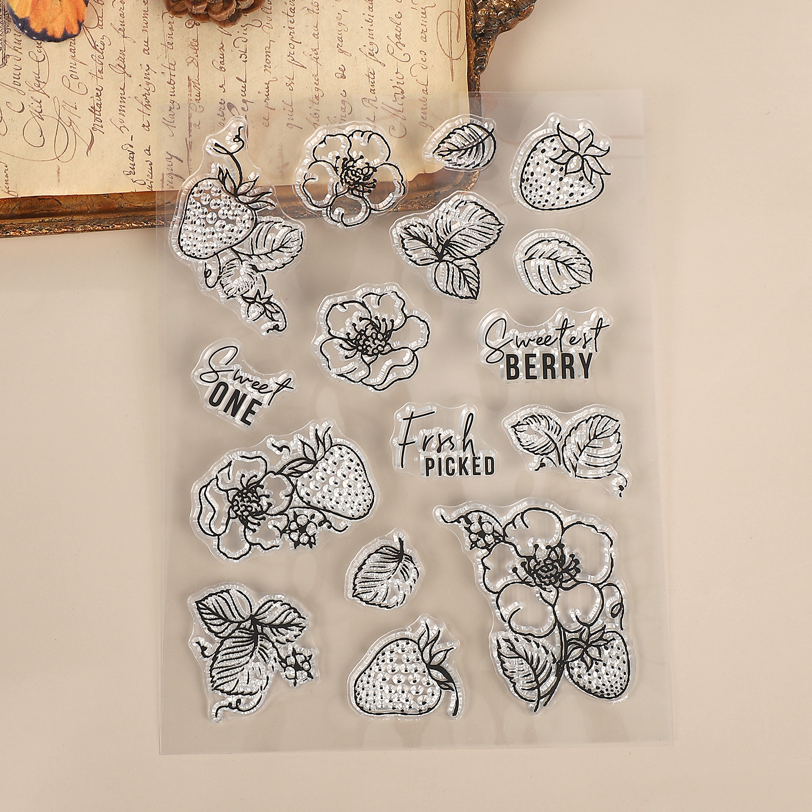 실리콘 스탬프 - 빈티지 꽃 딸기 투명