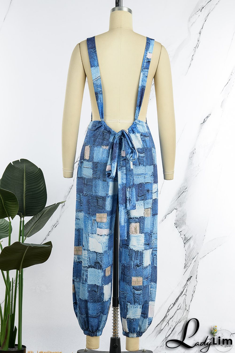 Blue Sexy Print Patchwork Backless Straight Jumpsuits