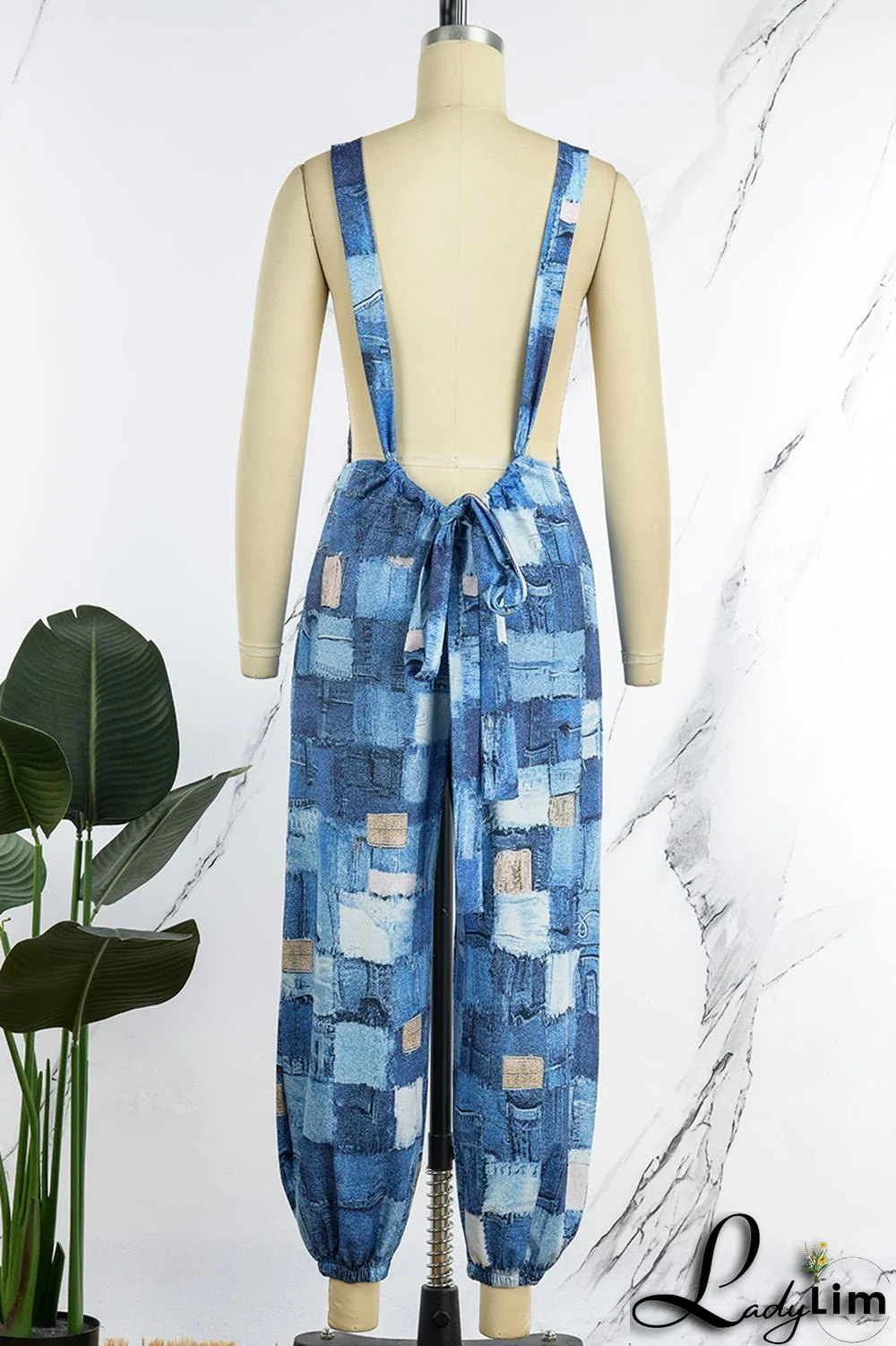 Blue Sexy Print Patchwork Backless Straight Jumpsuits