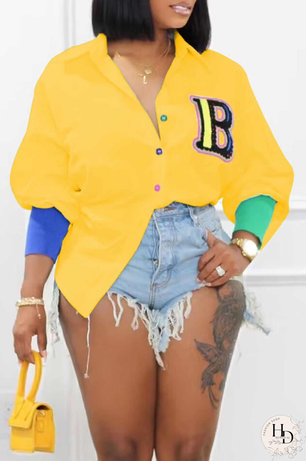 Yellow Casual Print Patchwork Turndown Collar Shirt Dress Dresses