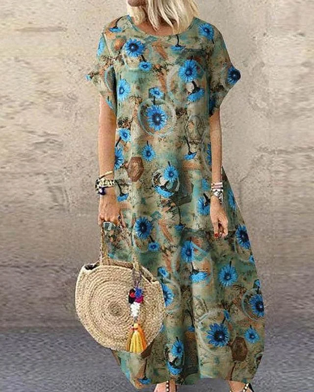 Women's Swing Dress Maxi long Dress - Short Sleeve Floral Patchwork Print Summer Fall Work Casual Cotton Blue Red Yellow S M L XL XXL 3XL 4XL 5XL