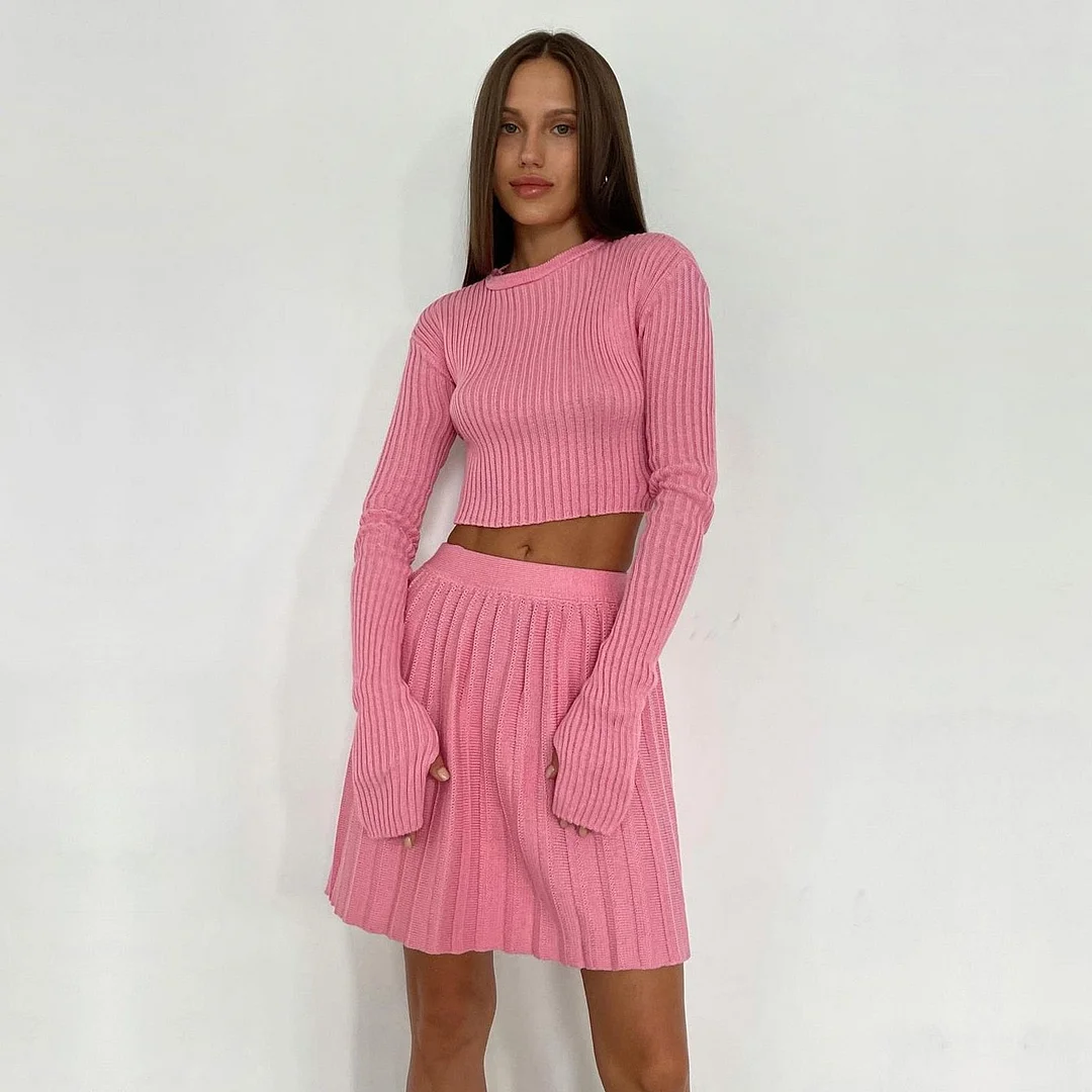 Tossy Knit Two Piece Sets Mini Pleated Skirt Suits Long Sleeve Cropped Sweater Top For Women 2021 Casual Outfits Matching Sets