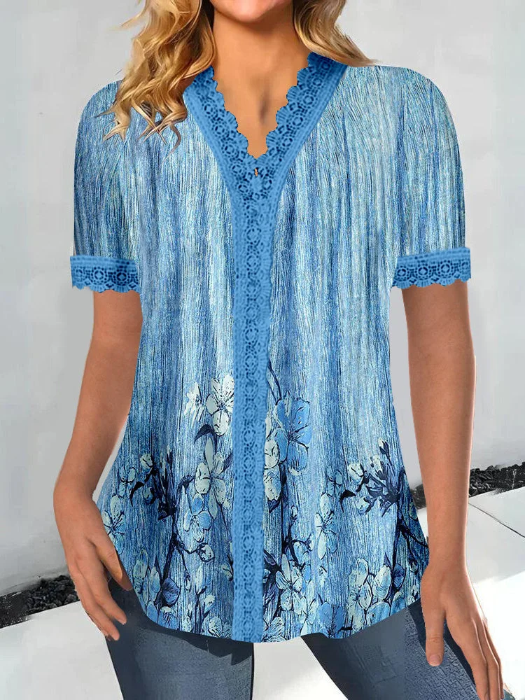 Women Short Sleeve V-neck Floral Printed Graphic Lace Tops