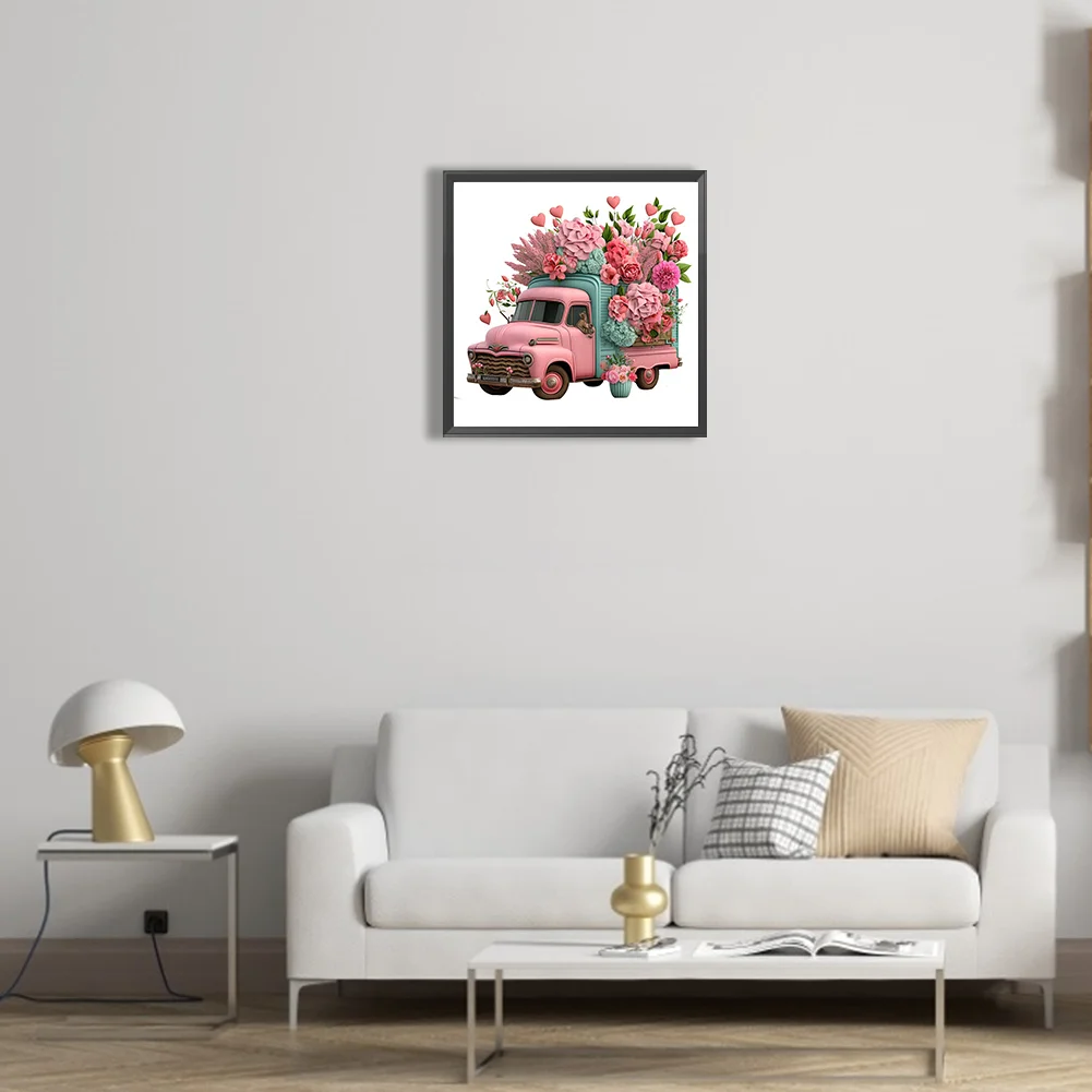 Full Round Diamond Painting 30*30cm - Pink Flower Classic Car