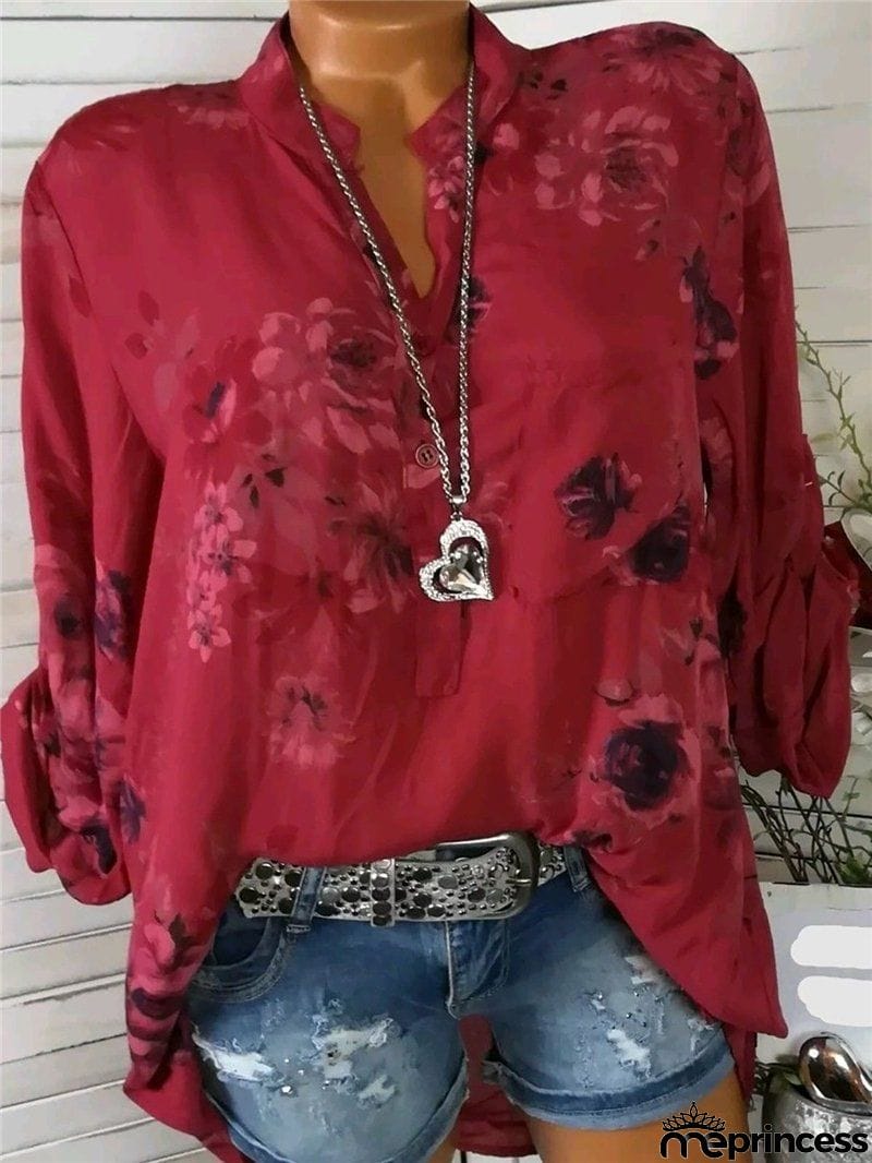 Women's Beautiful Floral Printed Long Sleeve V neck Blouses