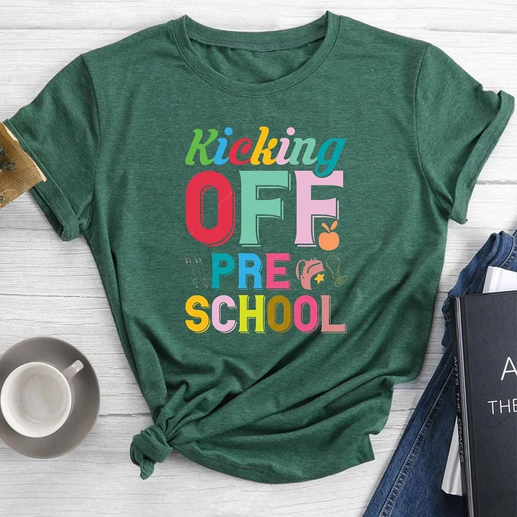 Kicking off pre school Round Neck T-shirt