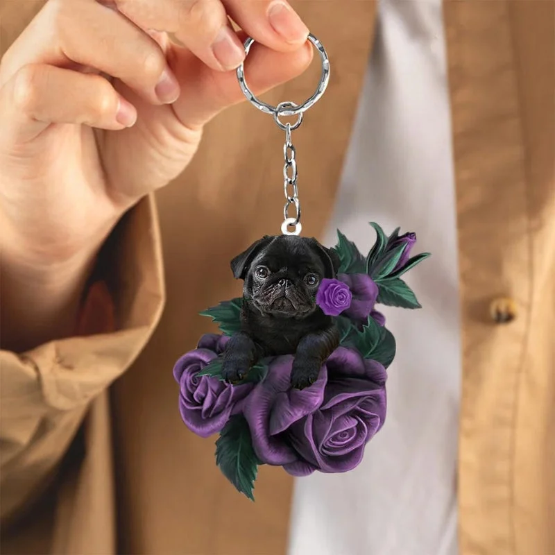 VigorDaily Pug In Purple Rose Acrylic Keychain PR067