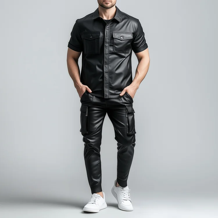 Okaywear PU Leather Short Sleeve Shirt & Cargo Pants 2Pcs Set Okaywear