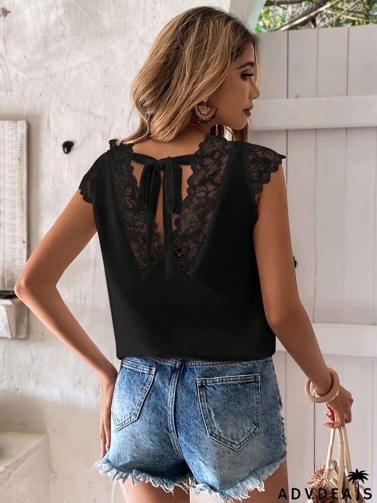 Contrast Lace Tie Back Ruffle Trim Blouse
