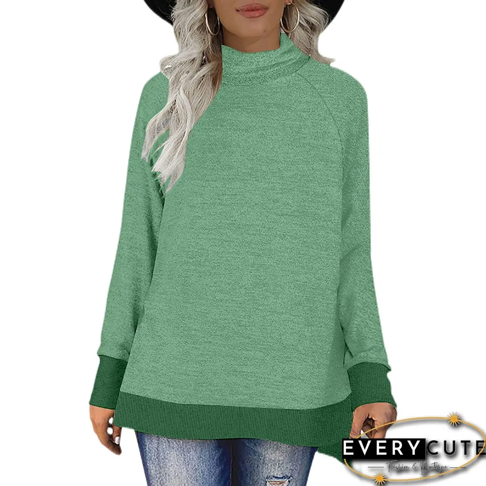 Green Color Block Heap Collar Long Sleeve Tops