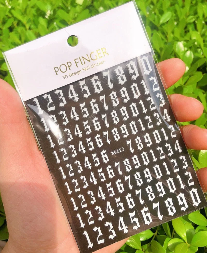 New Old English Big Size 80mm*103mm Numbers Nail Sticker Decals Wrap 3D Nail Art Supplies 6 Color Letter Number Sticker-Nail Inspo