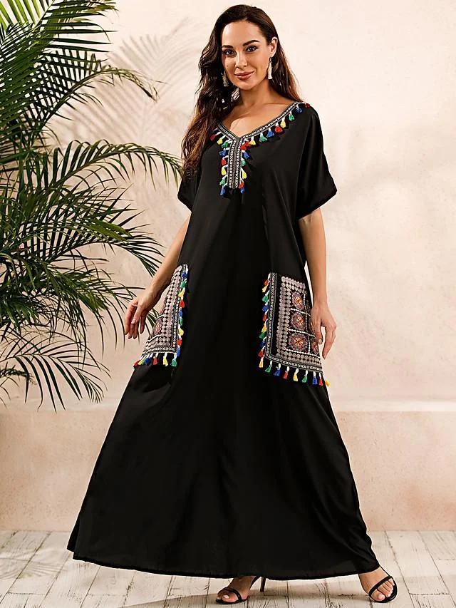 Women's Kaftan Dress Maxi Long Dress Short Sleeve Print Summer Plus Size Hot Casual Boho Vacation Dresses Black Dresses