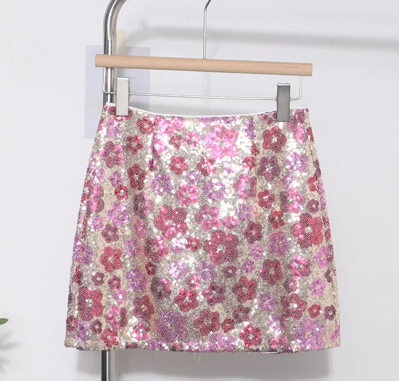 Nigikala Nigikala Heavy Industry Lighting Flowers A-Word Skirt High Waist Thin Ass Anti-Light Short Skirt Women 8158