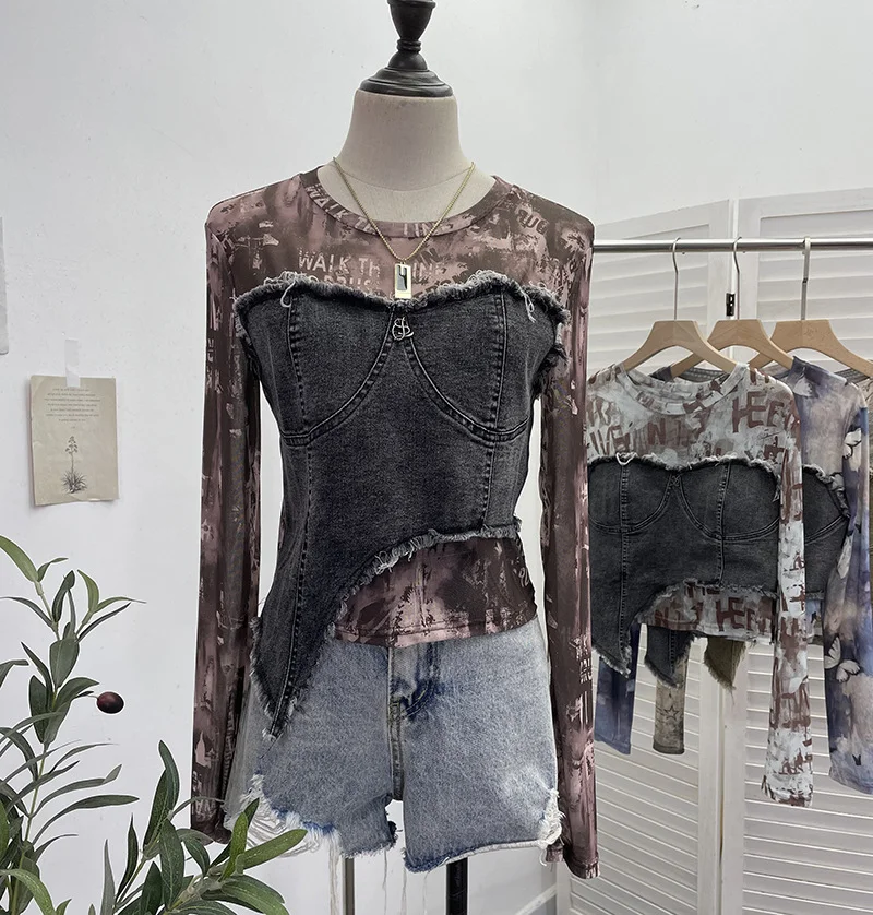 Uveng Solid Shooting Tie-Dye Print Spliced Denim T-Shirt Girl Autumn Design Sense Irregular Hair Side Short-Sleeved Top 2617