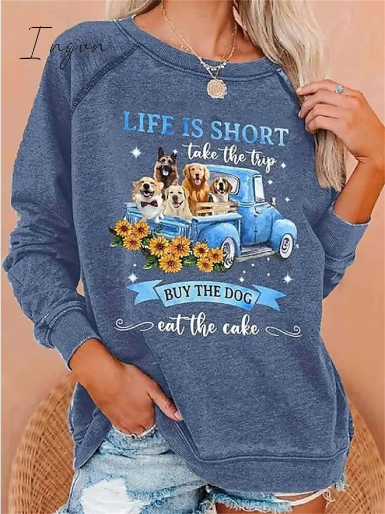 Ingvn - Women’s Hoodie Sweatshirt Pullover Fashion Black Blue Dog Casual Long Sleeve Top