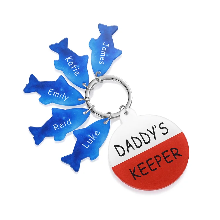 Personalized 5 Names & 1 Text Fishes Keychain Engraved Kids Names Acrylic Keychain Gifts for Grandpa/Daddy