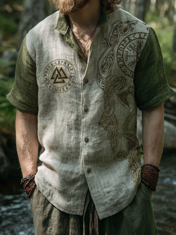 Men's Viking-Inspired Totem Two-Tone Short Sleeve Linen Shirt / Rvogue / Rvogue