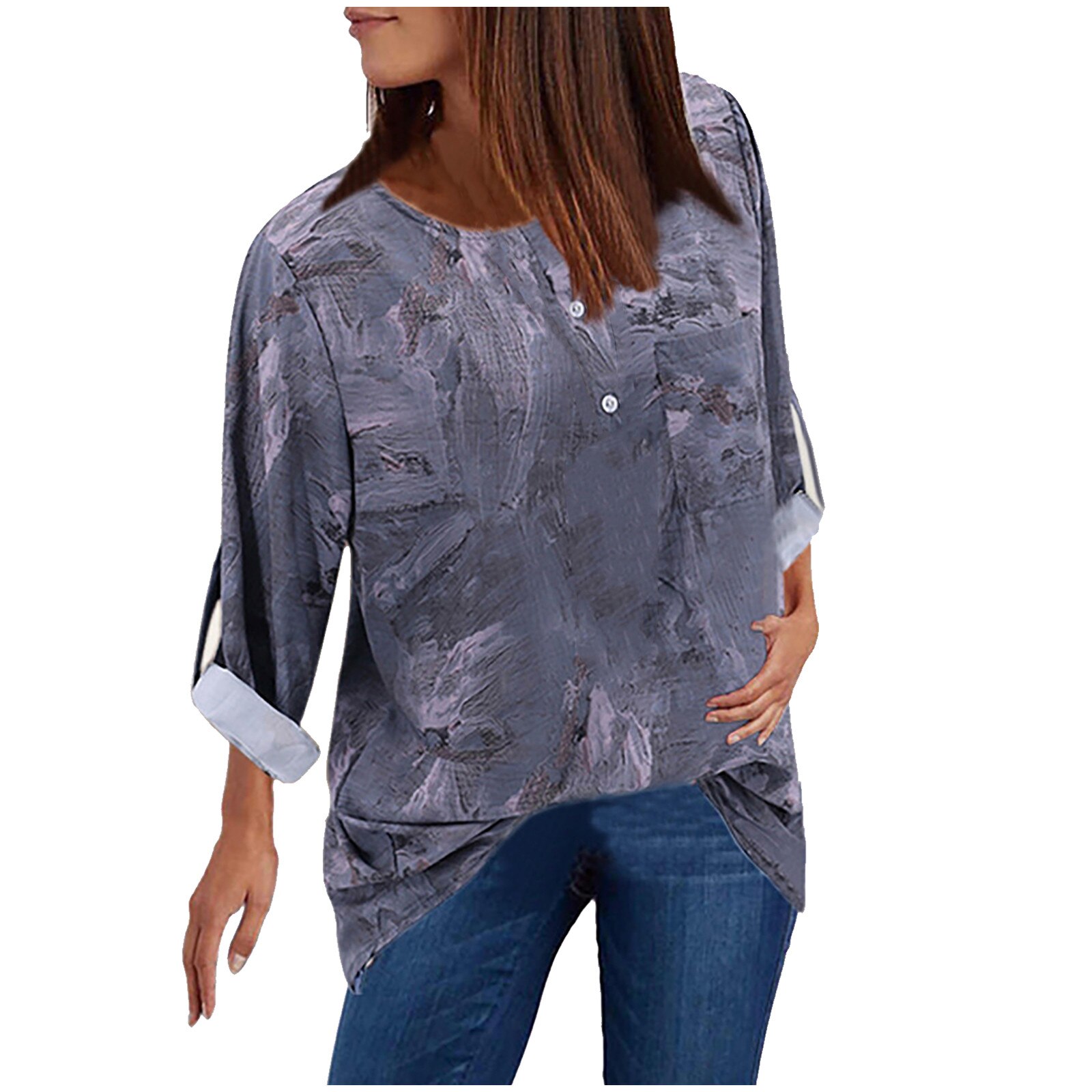 Women Tops Plus Size Casual Vintage Printed V-Neck Long Sleeves Turndown Collar T-Shirt Tops Women Clothing ropa de mujer 2020