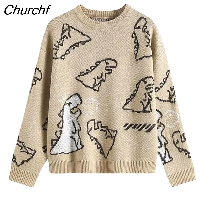 Churchf Women's Knit Sweater Argyle Cartoon Dinosaur Print Long Sleeve Pullover Jumper Top Knitwear Kawaii Streetwear for Teen Girls-Outfit Ideas