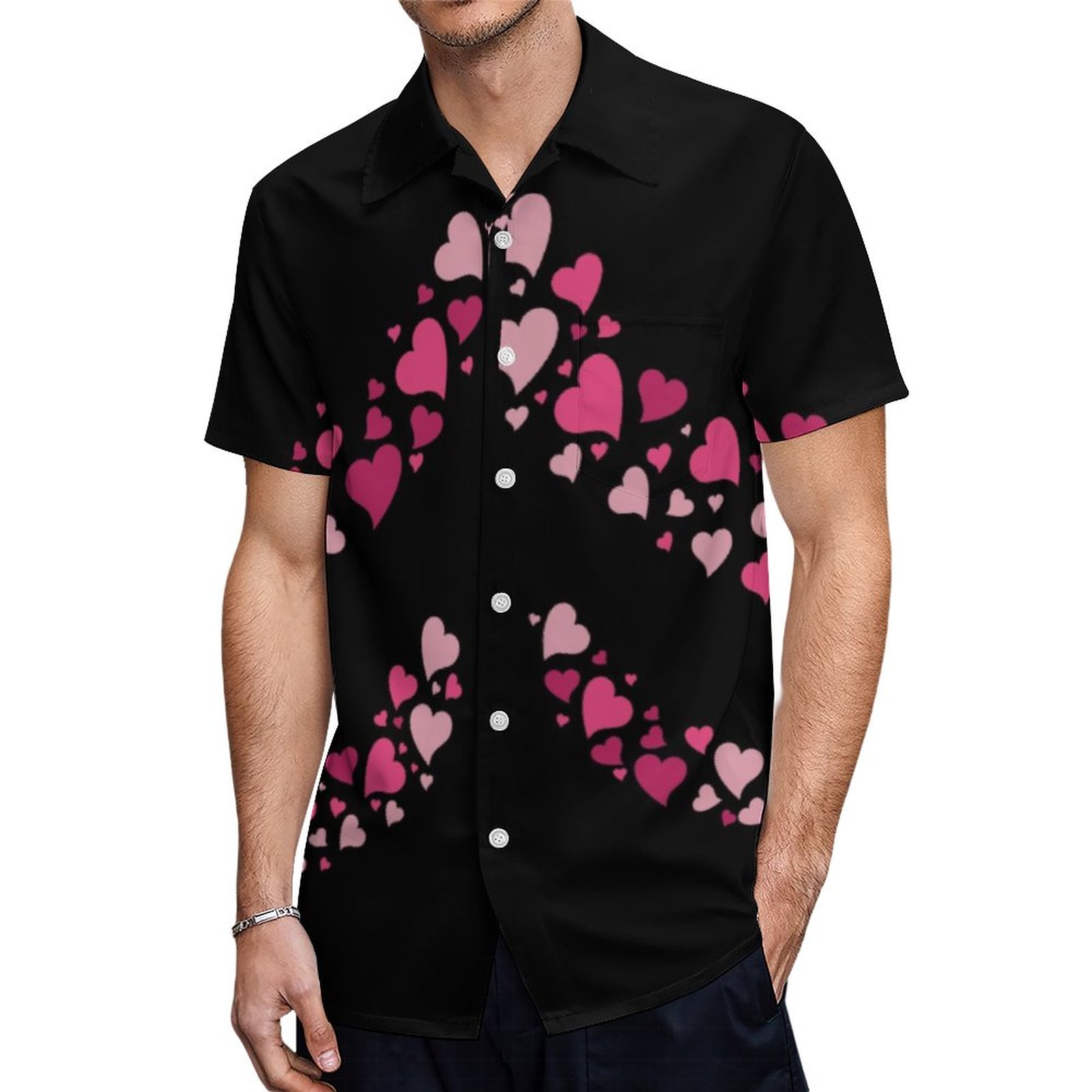 Love Heart Bum Black Cute Pink Hearts Hawaiian Shirt Mens Button Down Plus Size Tropical Hawaii Beach Shirts
