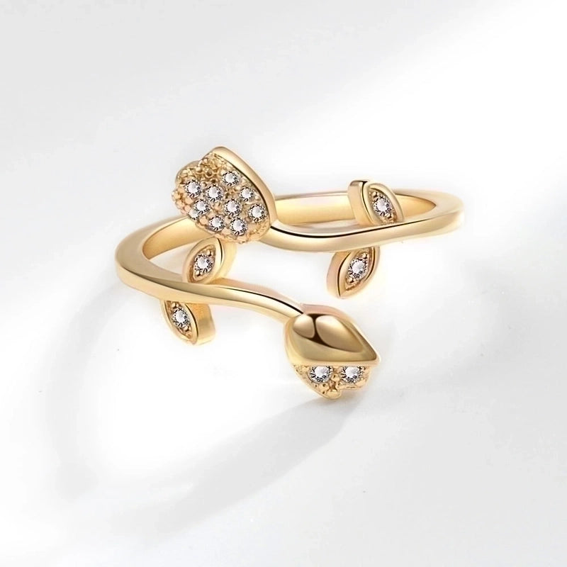 IG Style Sweet Flower Copper Inlay 14K Gold Plated Zircon Open Rings
