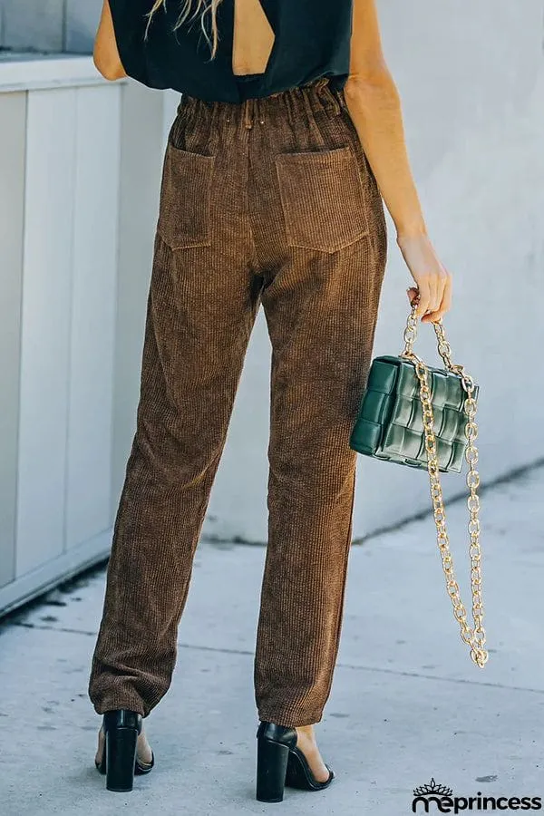 Pocketed Elastic Waistband Corduroy Pants