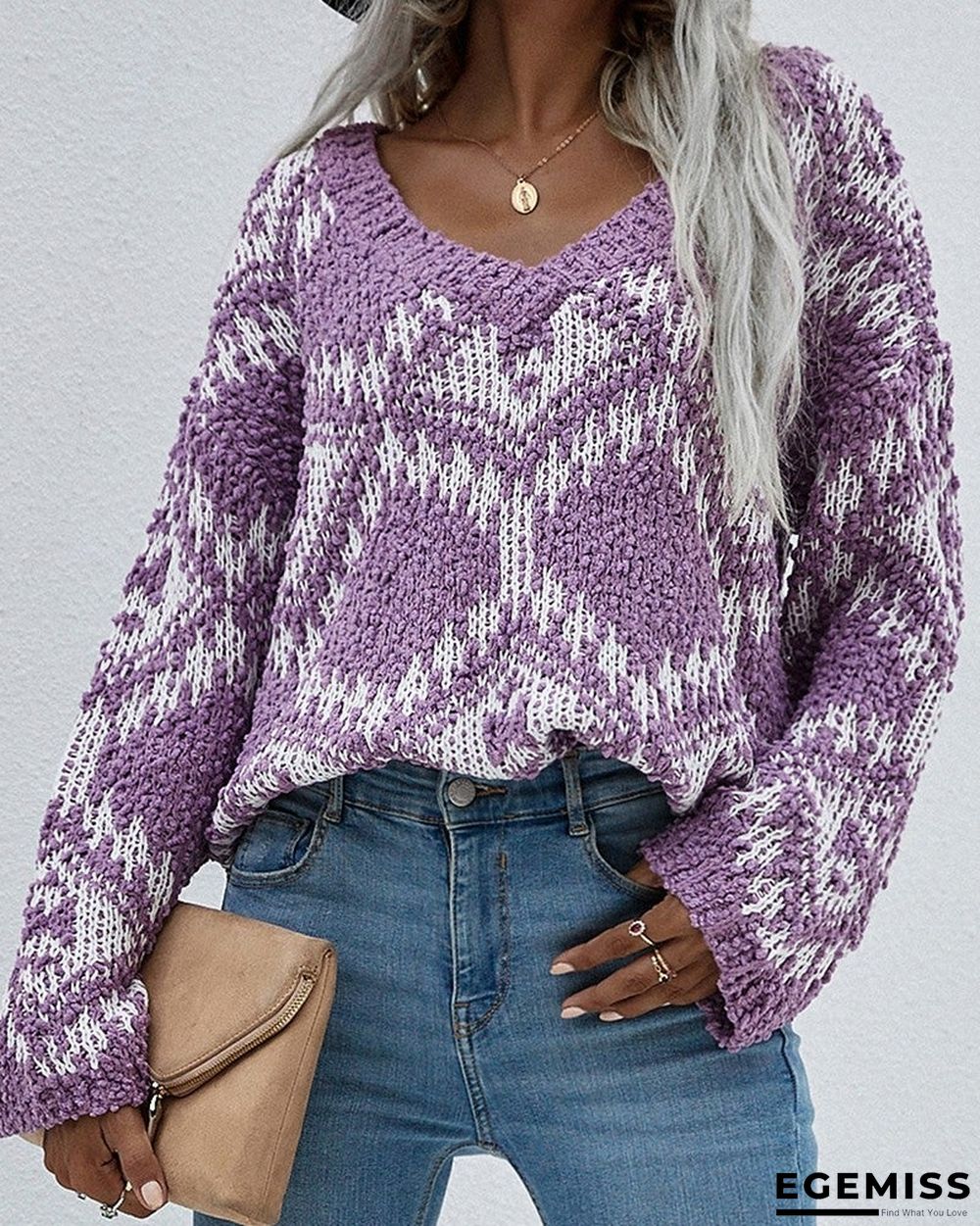 Geo Pattern Long Sleeve V-Neck Sweater | EGEMISS