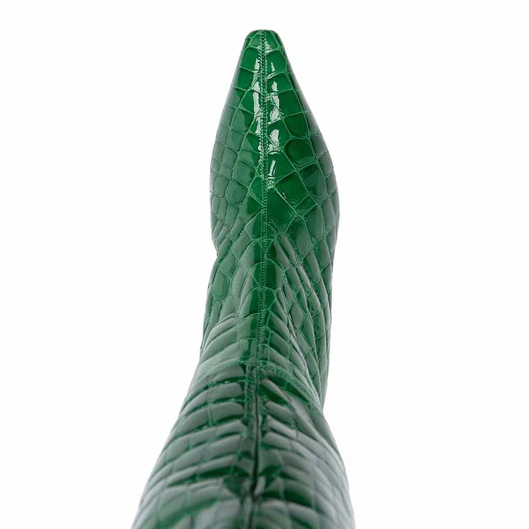 Green Pointed Toe Knee Boot Classic Zipper Block Heels Crocodile Boots ...