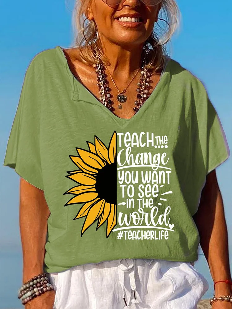 Teacher life sunflower V Neck T-shirt-06648