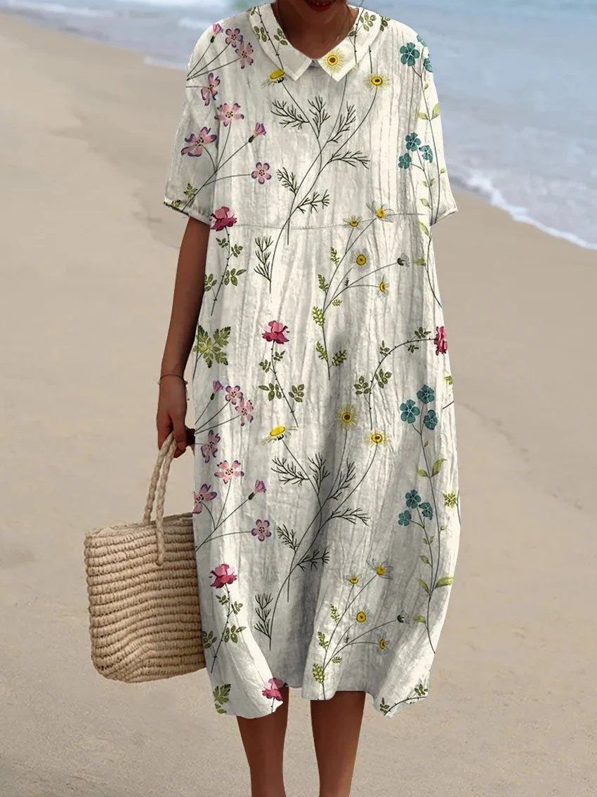 Women's Vintage Lovely Floral Art Print Pocket Linen Dress（Convertible Dress With Front And Back Option）