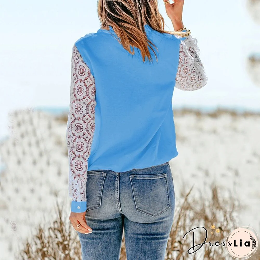 Lace Crochet Sleeve Splice Button Collared Shirt