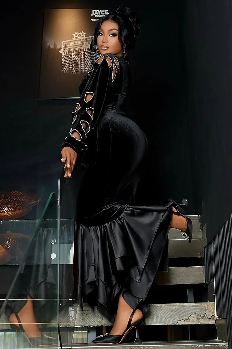 Cutout Flare Sleeve Velvet Satin Patchwork Fishtail Maxi Dresses-Black [Pre Order]