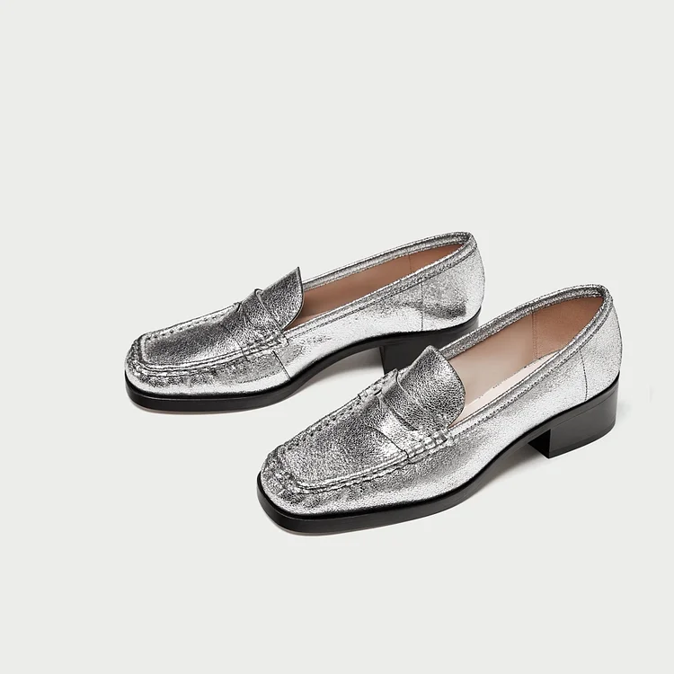 Silver Square Toe Low Heel Slip-on Penny Loafers for Women |FSJ Shoes