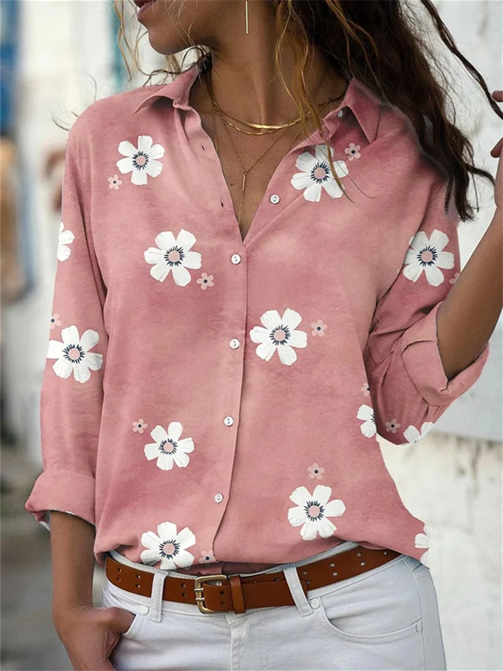 The New Lapel Long-sleeved Floral Print Shirt Temperament Fashion Shirt Collar Single-breasted Slim Shirt Elegant Intellectual Style