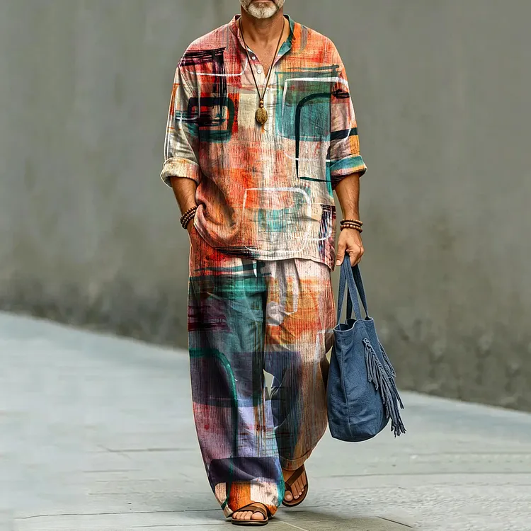 Men's Vintage Abstract Geometric Art Print Shirt And Pants Two Piece Set