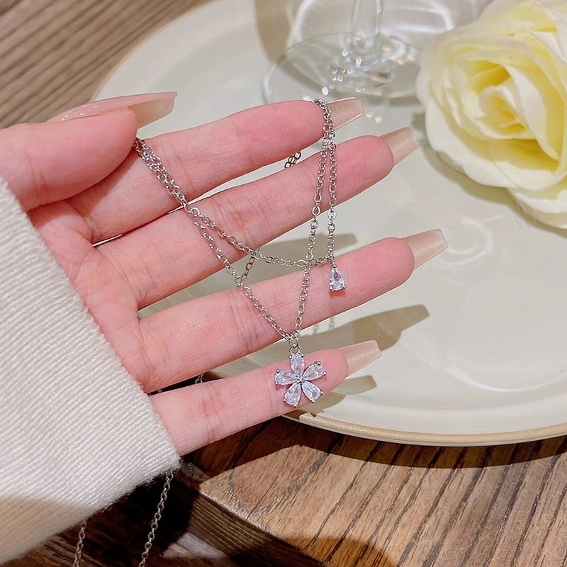 304 Stainless Steel Copper Inlay Flower Butterfly Zircon Pendant Necklace