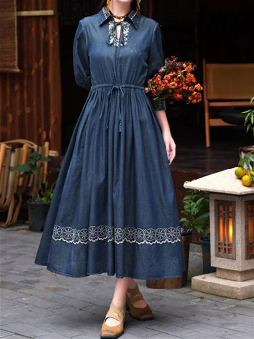 Women's Embroidery Half Sleeve Stand-up Collar Midi Dress