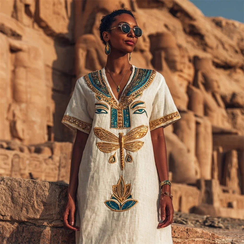 Egyptian Elements Dragonfly Embroidery Women's V-neck Linen Maxi Dress