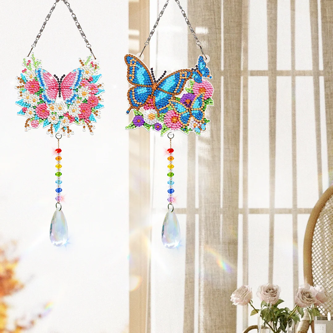 2Pcs Flowers and Butterflies DIY Acrylic Diamond Painting Art Wind Chimes with Crystal Pendant Diamond Art Hanging Pendant Double-Sided for Adults Beginners Gift Home Garden Decor