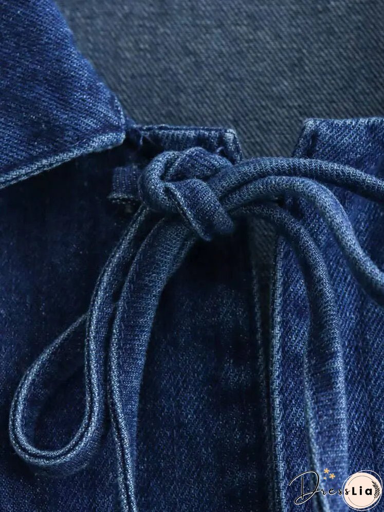 Women Fashion Lapel Collar Lace Up Blouses Female Casual Long Sleeves With Pockets Solid Denim Outerwear