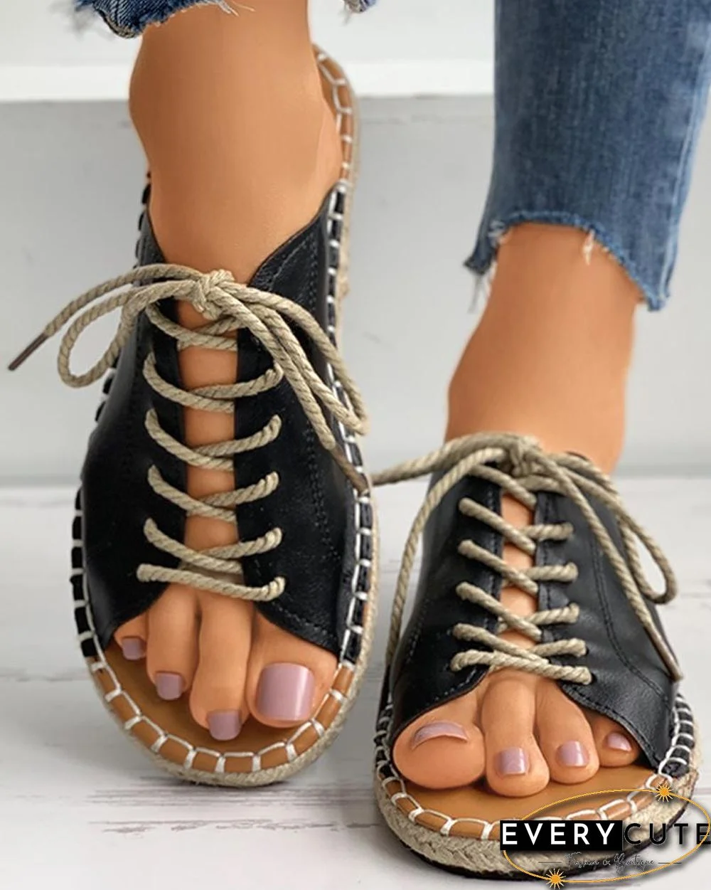 Eyelet Lace-up Woven Flax Flat Sandals