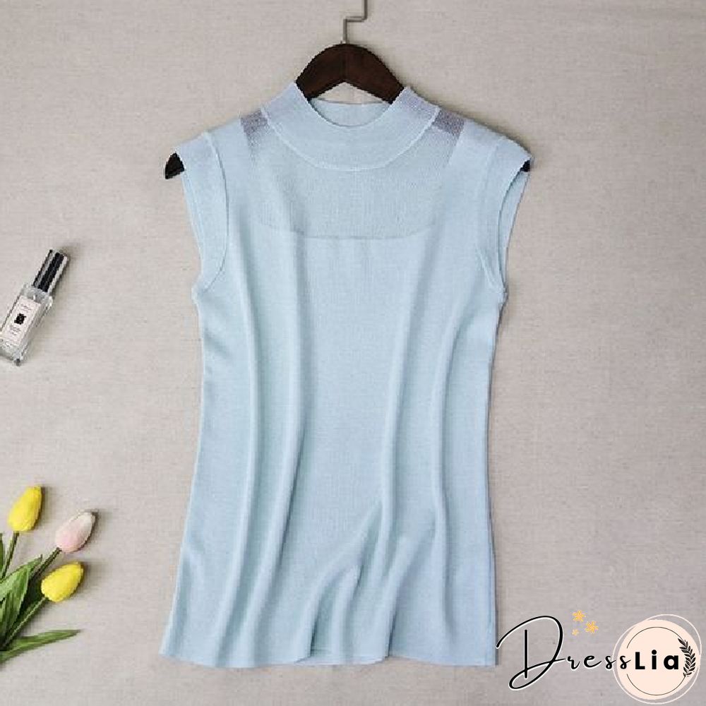 Hollow Out Sleeveless Women Knitted T Shirts Turtleneck Black Lace Sexy Lady Vest T Shirts Pink Loose Summer Thin Knit Tops