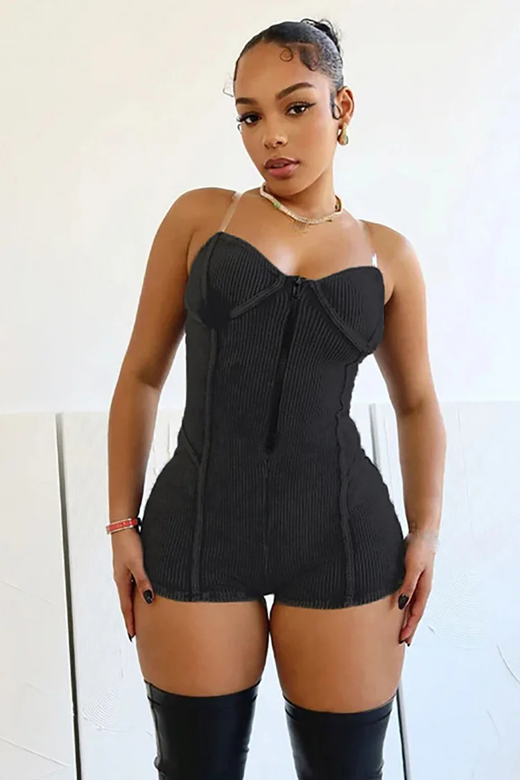 Textured Knit Strapless Zipper Transparent Straps Playsuit Romper-DarkGrey