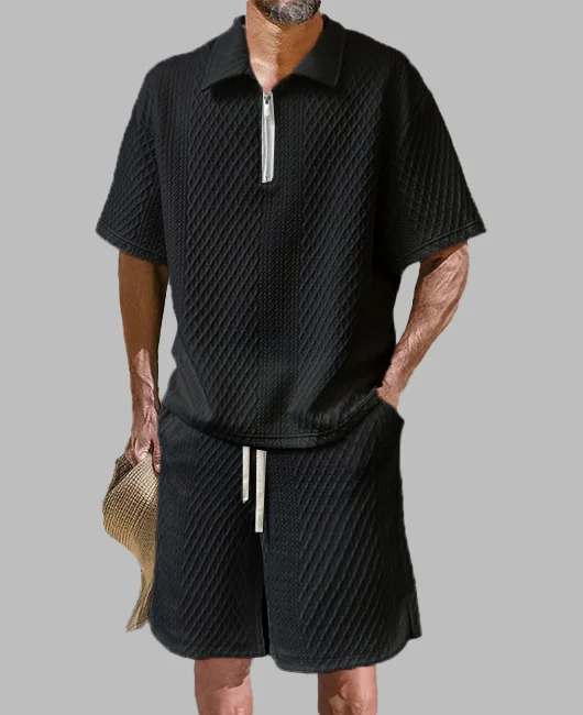 Casual Textured Zipper Polo Shirt & Drawstring Shorts 2Pcs Set 