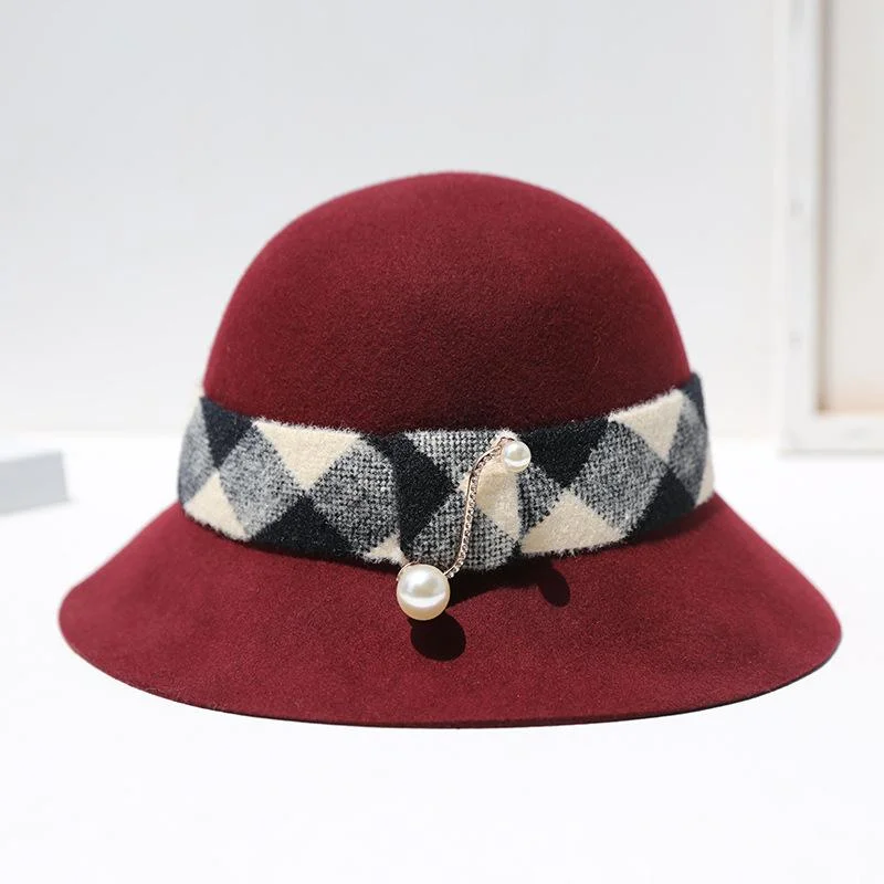 Elegant Bucket Hat Houndstooth Pattern Pearls Wool Knitted Hat