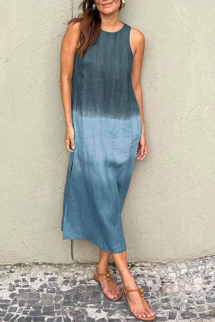 Plus Size Casual Blue Cotton And Linen Sleeveless Slit Gradient Print Midi Dress 2024 - Flycurvy 