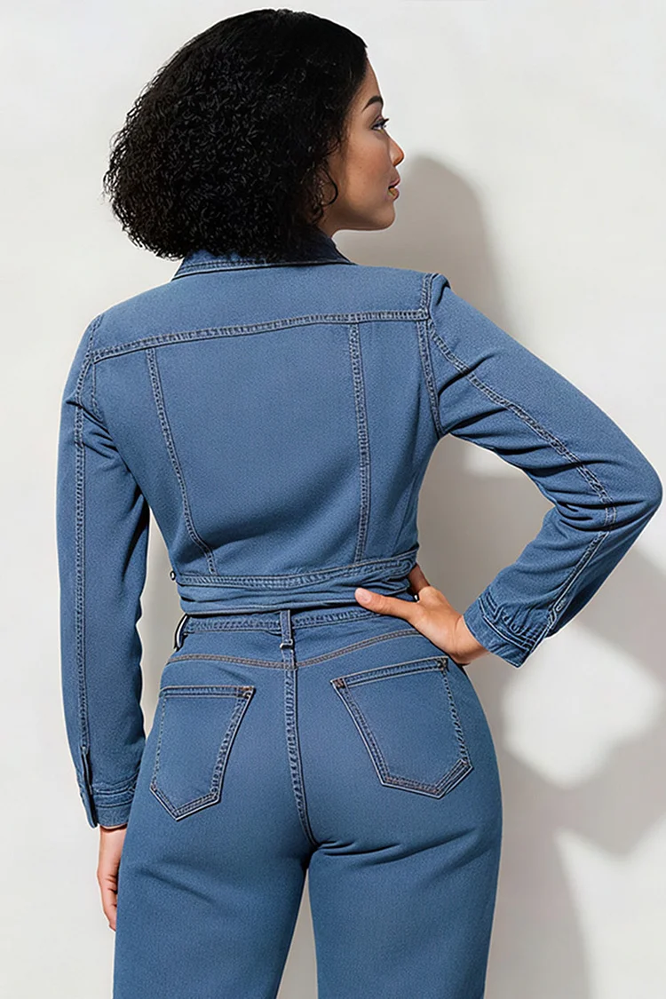 Plus Size Business Casual Blue Shirt Collar Long Sleeve Drilling Denim Jacket