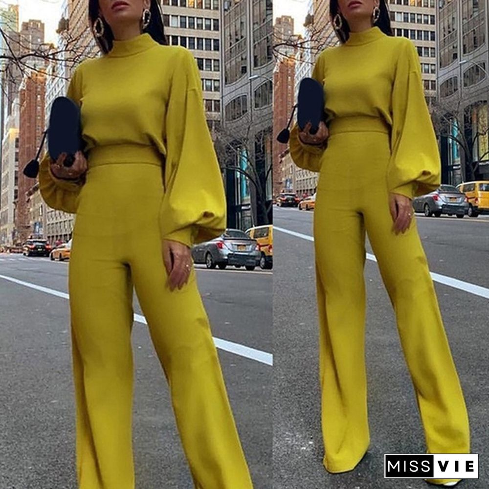Women Fashion Puff Long Sleeve High Waist Solid Color Jumpsuits