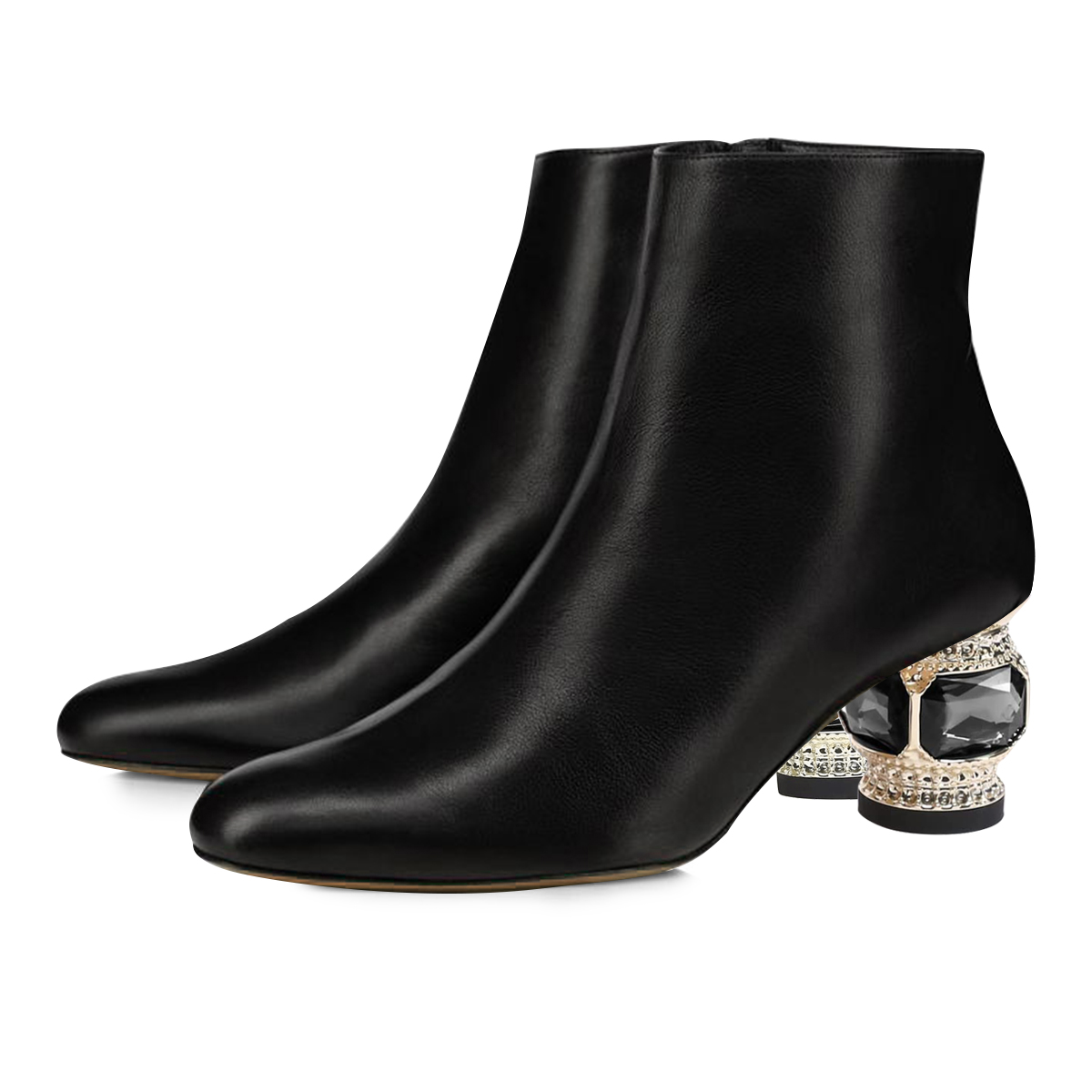 Black Pointed Toe Decorative Heel Side-Zip Shiny Elegant Ankle Boots Nicepairs