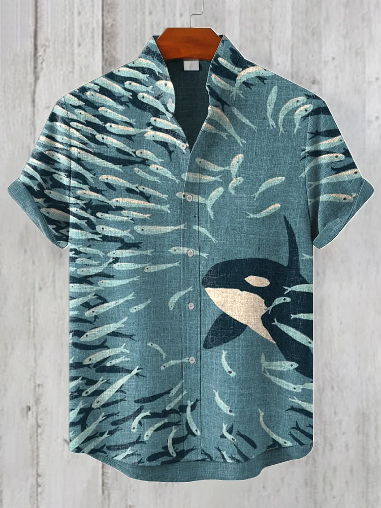 Orca Whale & Herring Art Print Linen Blend Vintage Shirt